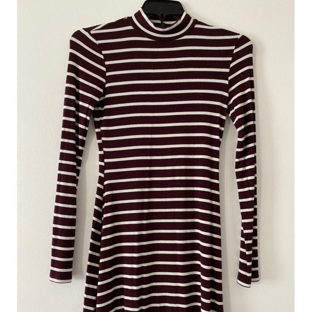 Ribbed form fitting dress Maroon and white striped high neck